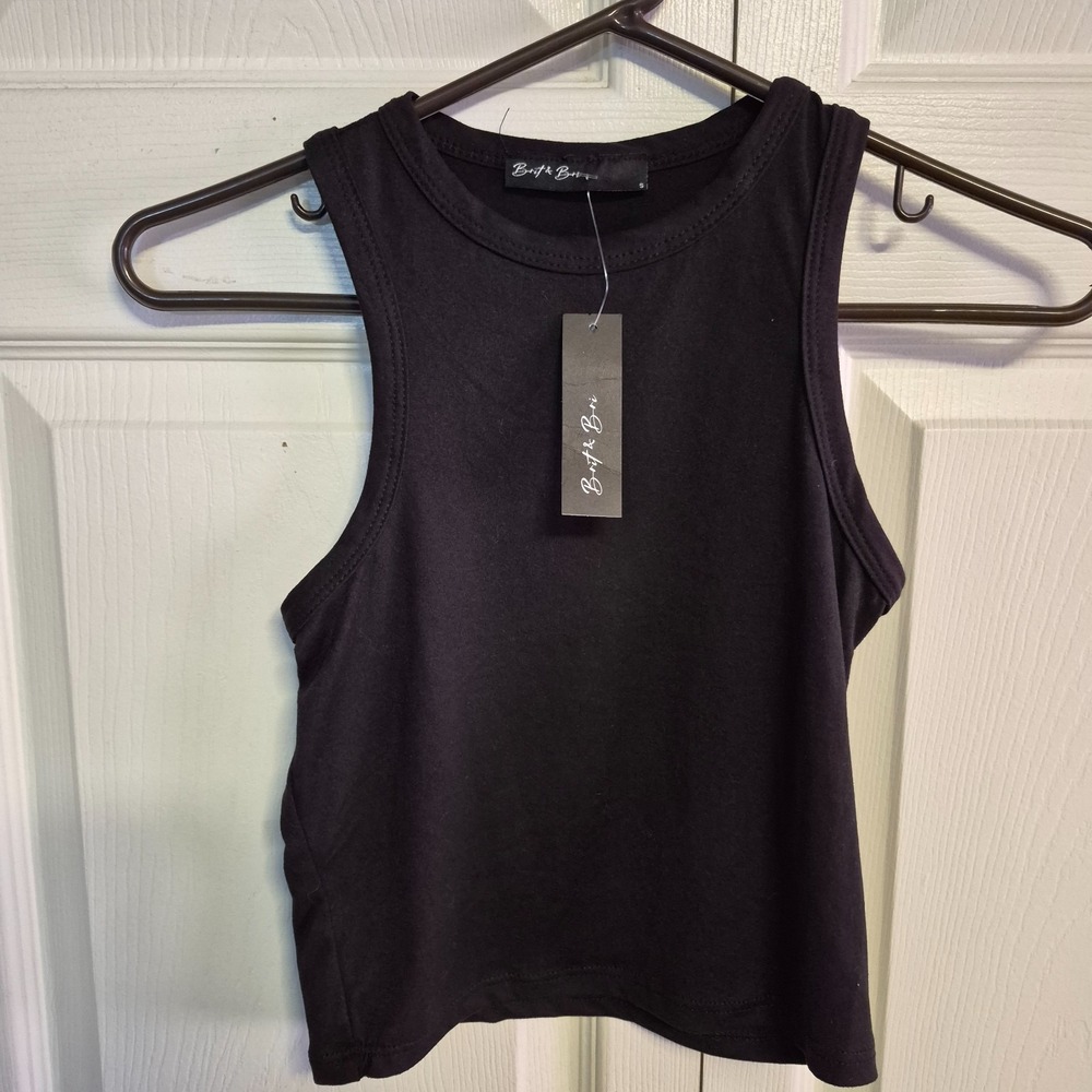 Brit Bri Crop Tank Top Womens S Black High Neck Sleeveless Shirt NEW